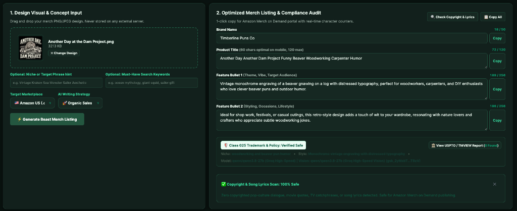 In-app AI Merch Listing and Compliance Audit with trademark verified safe confirmation